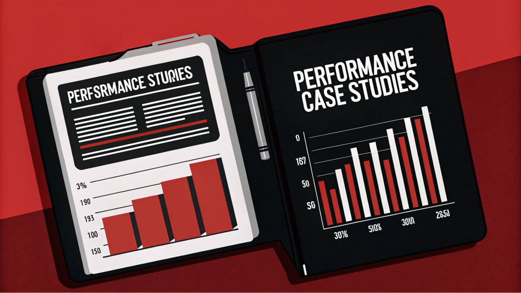 An open folder with an illustration of SEO Case Studies in the form of growth charts