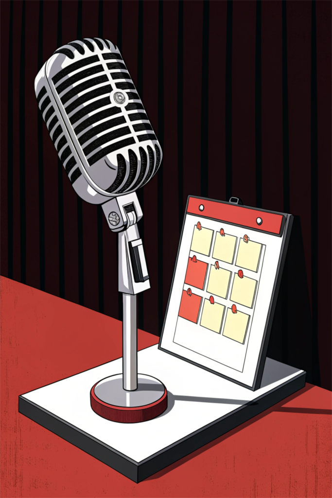 The microphone stand next to the calendar reminds of professional webinars and seminars.